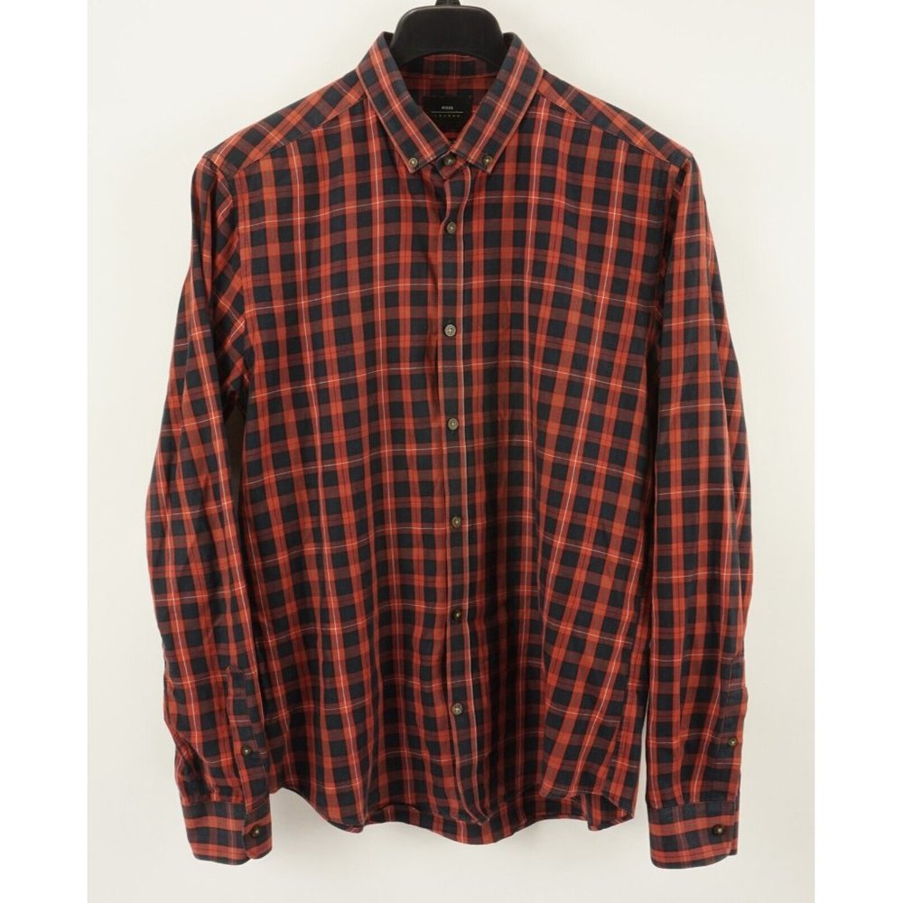 Moss London Men's Large Extra Slim Long Sleeve Red Blue Plaid Button Down Shirt